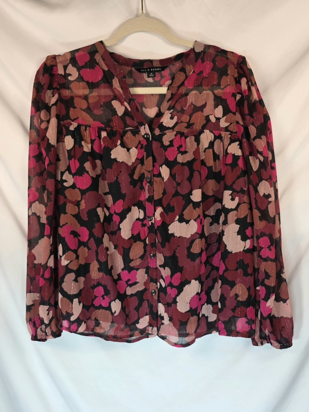 Zac & Rachel Peasant Blouse Sz M Pink Floral Metallic Gold Shimmer Button Up